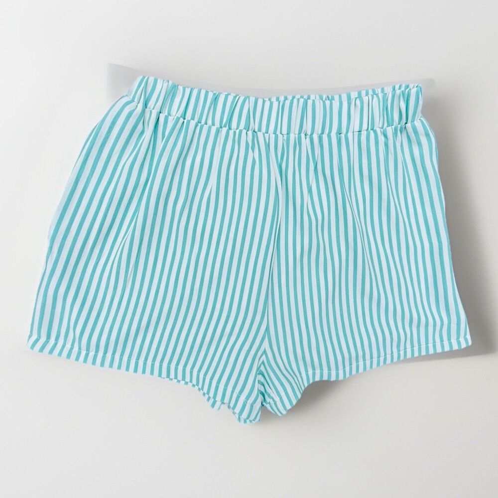 HYFVE Striped Pull On Shorts Women’s L Aqua White High Rise Paperbag Waist